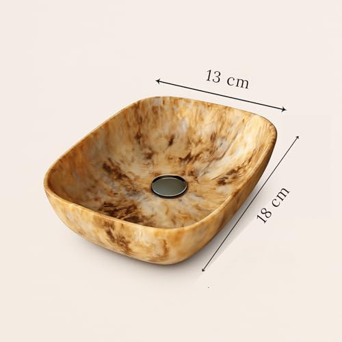 Image of Ceramic Tabletop Wash Basin - Glossy Rectangular Countertop Vessel Sink with Marble Finish for Bathroom & Vanity | Compact 18 x 13 x 5 Inch | Elegant Washbasin