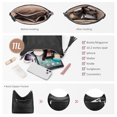 Genuine Leather Hobo Crossbody Bag for Women, Soft Real Leather Bucket, Shoulder Handbag Purse with 2 Removable Strap4