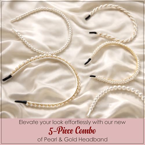 Image of GLUN Pearl Hair Band Set of 5 Different Design for Women & Girls, Elegant Pearl Headbands with Metal Frame, Stylish Hair Accessories for Party, Wedding, Daily Wear