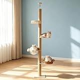 Kratzbaum Deckenhoch 255-270cm | 5 Etagen Katzenbaum mit Raumkapsel & Rattankorb | Höhenverstellbarer Kletterbaum mit Sisalsäulen & Sicherheitsgeländern | Stabiler Katzenturm in Natur-Optik