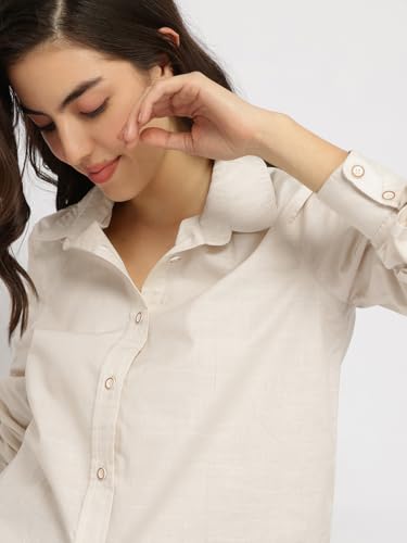 Image of FableStreet Women Shirt | Striped Long Sleeve Polo Collar Button Down | Breathable Linen Blend Fabric | Business Casual & Formal Wear