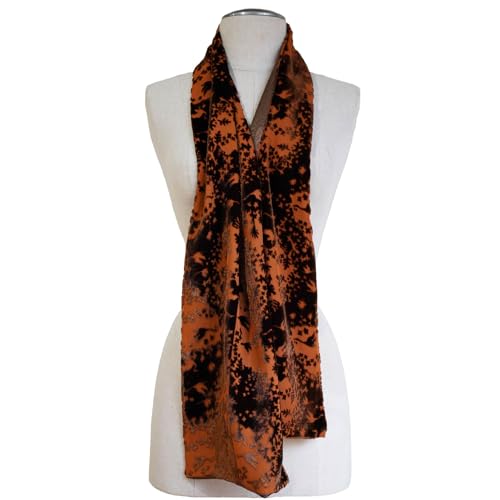 Silk Base Burn-out Velvet with Silk Jacquard Backing Oblong Scarf, Flora and Crane, Pumpkin Brown2