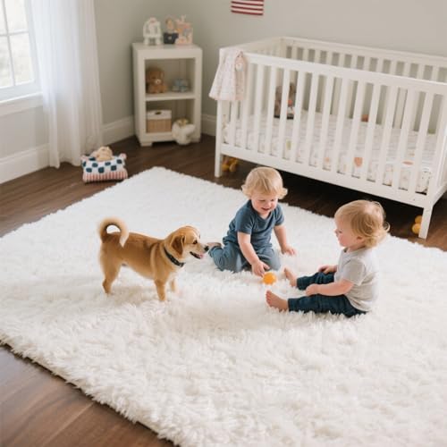 Area Rugs for Bedroom Living Room, 6x9 Soft Large Fluffy Fuzzy Shag Plush Furry Carpet, Soft Indoor Floor Mat for Kids Nursery Home Dorm Office Decor Aesthetic, White