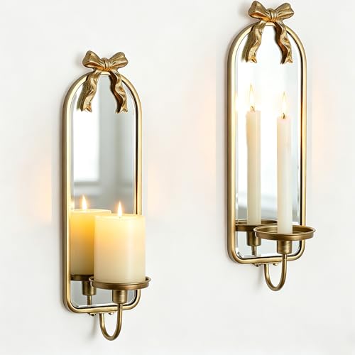 Walasis Gold Candle Sconces Wall Decor: Modern Decorative Wall Candle Holder Set of Two for Bedroom - Vintage French Metal Bow Mirror Sconces Beside Fireplace TV