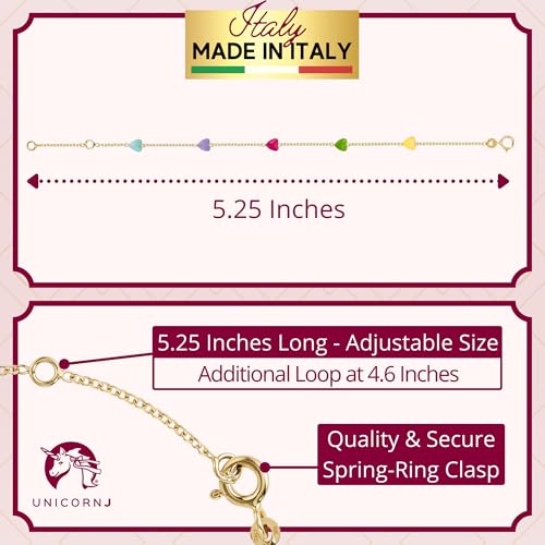 UNICORNJ 14k Yellow Gold Enamel Mini Heart Bracelet Vertical Stacked 5 Heart Station for Girls Kids Babies Made in Italy 5.25"2