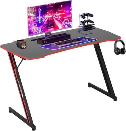 Image of 47 Inch Modern Gaming Desk for Home Office, Z Shaped Computer Desk for Teen, Large PC Gaming Table Adjustable Feet with Headphone Hook & PVC Surface
