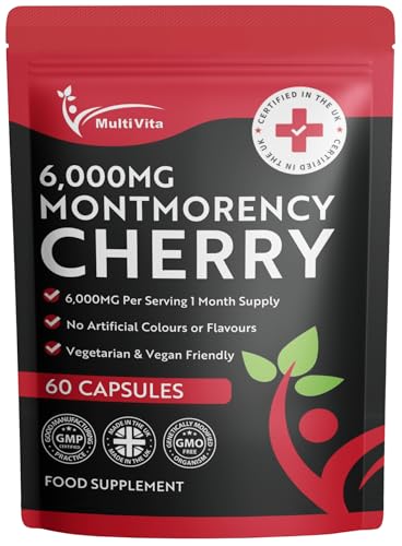 Montmorency Cherry Capsules 6000mg Vegan Friendly - Natural Tart Cherry Extract Supplement for Men & Women - High Strength Concentrate (not Tablets or Powder) 1 Month Supply (2 per Serving) Made in UK