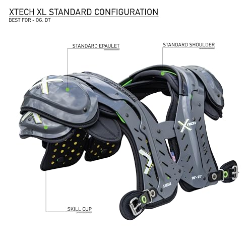XTECH X2 Football Shoulder Pads - Best Configuration for OG, DT - Advanced Lightweight Pad for Adult Mens and High School Players (Standard, X-Large: 20-21\"\"), Grey