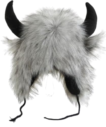 Faux Fur Trooper Hat for Women Men Furry Buffalo Hat with Horns Furry Earmuff Winter Trooper Caps Fluffy Earflap Cap 2025