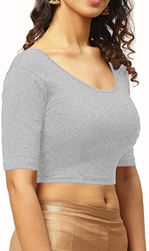 Image of THE BLAZZE 1303 Women's Cotton Scoop Neck Backless Elbow Sleeve Crop Top Readymade Saree Blouse for Women