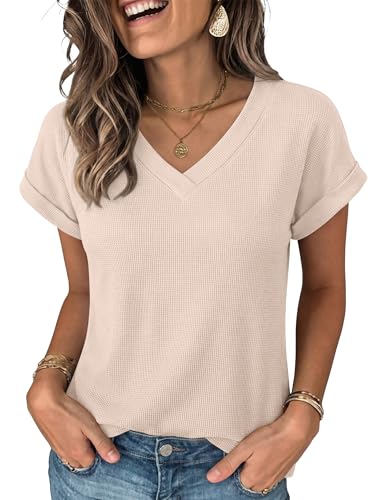 ANRABESS Womens Waffle Knit Tops 2026 Summer Casual Short Sleeve V Neck T Shirts Basic Work Tee Spring Vacation Blouses Beige Large