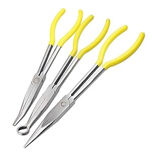 3-piece 11 Inch Long Reach Long Nose Pliers 25 degrees plier, circle plier,work for Mechanics Technicians and Contractors Work with Delicate or Difficult-to-Reach Pieces Milled-Jaws Steel Needle Nose