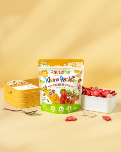 BIO Frucht Snack für Kinder: 6x15g Bananen und Erdbeeren Gefriergetrocknet – Gefriergetrocknete Früchte – Getrocknete Früchte – Kleine Racker NutriPur