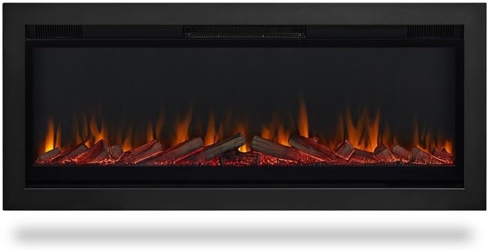 BOWERY HILL Mid-Century 49" Wall Mounted Electric Fireplace Mantel Heater with Remote Control, Adjustable Led Flame, 1500W Insert in Black