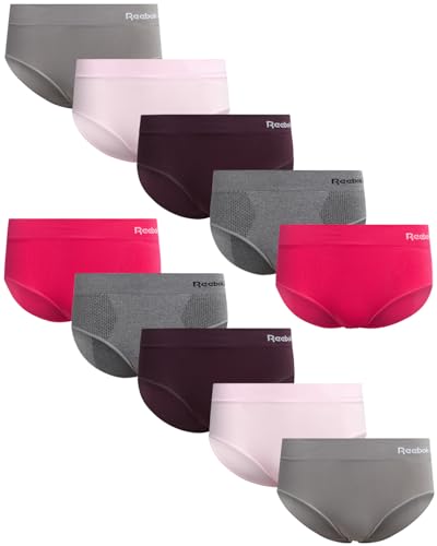 Reebok Hipster Panties for Women - 10 Pack Stretch Performance Seamless Underwear with Relaxed Tag-Free Waistband (S-XL), Size Small, Heather Grey/Pink Lady/Sharkskin/Raspberry/Plum