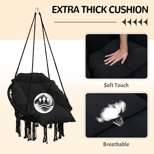 KROFEM Macrame Hammock Hanging Swinging Chair with Oversized Cushion, Perfect for Bedroom, Porch, Kids, Adults, Balcony, Black