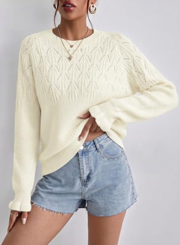 Dokotoo Womens Sweater for Fall Winter Crew Neck Long Sleeve Knit Hollow Out Casual Pullover Sweater Tops with Pattern Trendy Vacation Loose Fit Crochet Outfits Basic Tops Blouse White XL — view 2