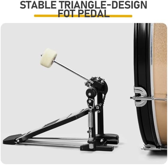 Full Size Adult Drum Set 5-Piece Champagne with Bass Drum, two Tom Drum, Snare Drum, Floor Tom, 16" Ride Cymbal, 14" Hi-hat Cymbals, Stool, Drum Pedal, Sticks