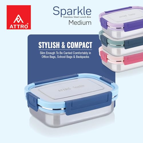Image of ATTRO Sparkle Medium Stainless Steel Lunch Box 2-Piece Set - 800ml + 150ml - Leak-Proof, BPA-Free, Compact & Durable - Ideal for Kids, Office, Travel - Blue