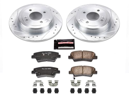Image of PowerStop Rear Brake Kit for Hyundai Accent 2012-22 | Kia Rio 2012-18 - Drilled and Slotted Disc Rotors with Carbon-Fiber Ceramic Brake Pads Replacement, K6507