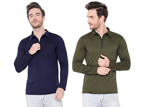 Image of Men's Cotton Blend Full Sleeve Zip Neck Polo T-Shirt (Pack of 1)
