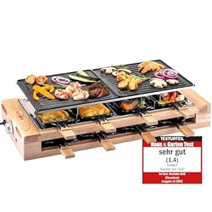 KLAMER Raclette Grill 8 Personen 1500 W mit Holzgestell & Parkdeck, Alu-Druckguss-Grillplatte antihaft, stufenlos regelbar, ILAG Beschichtung, Test "Sehr gut (1, 4)", deutsche Marke Berlin