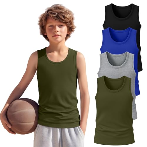 YooAurvox 4 Pack Boys Tank Top Athletic Summer Undershirt Round Neck Workout Sleeveless Shirt Kid Casual Basic Tee Size 3-16(7-8 Years,Army Green, Light Mixed Gray, Bright Blue, Black)
