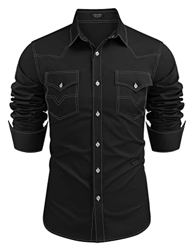 COOFANDY Men's Western Cowboy Shirts Long Sleeve Cotton Casual Button Down Work Shirt with Pockets