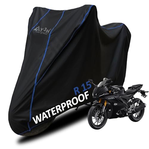 Image of Bike Body Cover R15 Full Body Cover with Waterproof, Dust Proof, UV Rays Protective, Tripple Stitching & Lightweight Two Wheeler Covers - Black with Waterproof Blue Piping