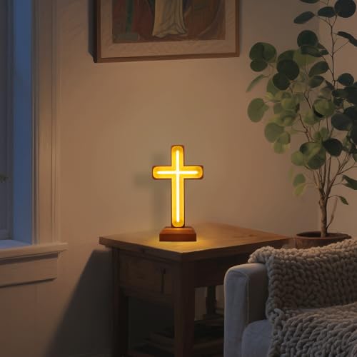 Image of Handcrafted Wooden Cross Lamp, USB Warm Light for Bedside | Neon Sign for Prayer Spaces, Christmas, Weddings, Baptism, Memorials - Spiritual Home Decor Gift