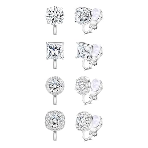 Thunaraz Cubic Zirconia Clip on Earrings - Women Hypoallergenic Comfortable Non Pierced Stud Earrings for Wedding and Dance Competitions Silver Clip-on Earrings Cover