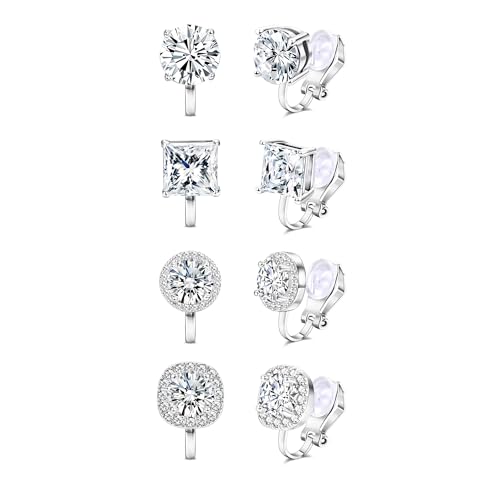 Thunaraz Cubic Zirconia Clip on Earrings - Women Hypoallergenic Comfortable Non Pierced Stud Earrings for Wedding and Dance Competitions, Clip-on Earrings Silver Gold
