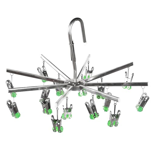 Qinglele Séchoir à Chaussettes en Acier Inoxydable avec 16 Pinces à Linge pour sous-vêtements, Chaussettes, Pliable, Vert
