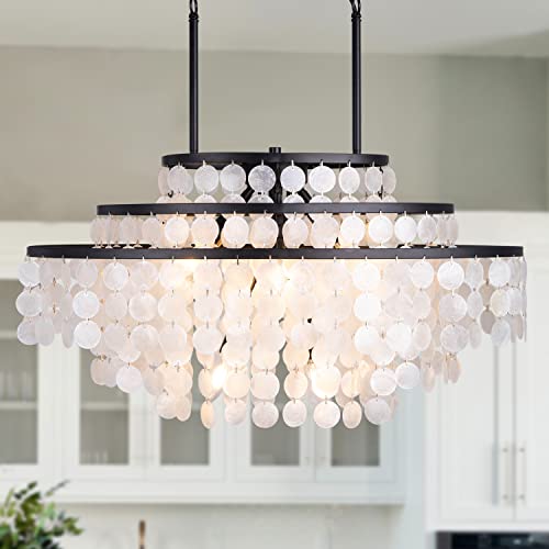 Wellmet Coastal Capiz Shell Chandelier, 6 Lights Beach Light Fixture, Sea Shell Pendant Lighting For Dining Room, Black Oval Ceiling Light For Kitchen Island, 30.3" L X 16" W #TOP27
