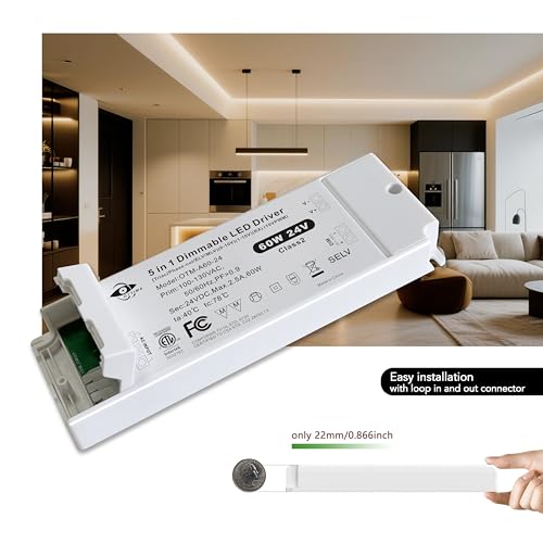 Image of LED Driver 60W 24V Triac /Phase Cut, 0-10V, 1-10V, 10V PWM Dimming LED Power Supply, Flicker-Free Constant Voltage 100-130V AC to DC Transformer Compatible with Lutron&Leviton Switches, ETL Listed
