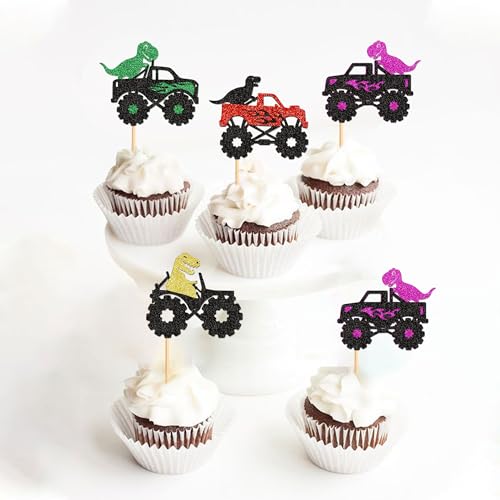 Cyodoos 24 Pcs Truck Car Cupcake Toppers Funny Monster Car With Dinosaur Cake Decors For Truck Birthday Party Supplies Truck Theme Party Baby Shower Party Decorations thumb #2