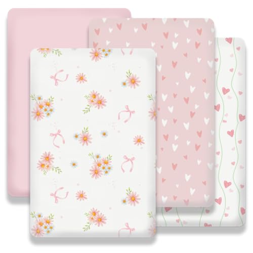 Image of Plushii 4 Pack Pack and Play Fitted Sheet s for Girls,Sweet Daisy | 38 inchx 26 inch Mini Crib Sheets,Soft Microfiber Pack and Play Sheet,Fitted for Mini Crib & Pack and Play Mattress, Playpen Sheet