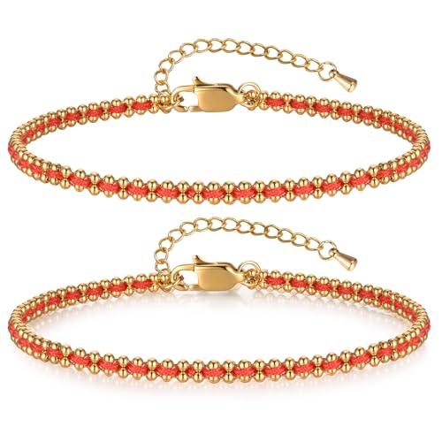 Women's Red Rope Gold Bracelet - 14k Gold Plated Link Bracelets,Hypoallergenic Stainless Steel Adjustable Luck Red Woven Bracelet,Christmas Valentine's Day Birthday Party Trendy Jewelry Gift for Her