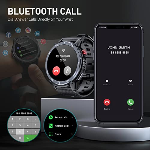 Rapocon Military Smart Watches For Men - 5Atm Waterproof Fitness Watch For Android Ios Phones，1.6" Large Screen Tactical Smartwatch， Bluetooth Call(Answer/Dial Calls/Bt5.0), 24 Sports Modes, Black #TOP1