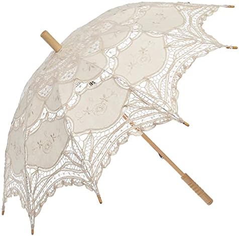 SQOIKOS Ivory Lace Parasol Umbrella Vintage Wedding Bridal Lace Umbrella for Decoration Photo Tea Party Adult Size