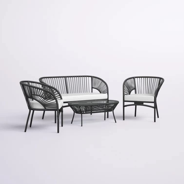 Image of DEVOKO Outdoor Patio 4 Piece Rope Garden Sectional Conversation Set with Glass Top Table for Backyard, Pool, Terrace, Deck (Black & White)