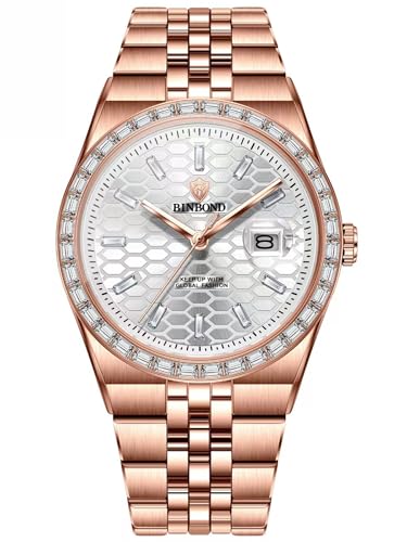 Luxury Watch, Rose Gold Stainless Steel, Crystal Bezel, White Honeycomb Dial, 1.57-inch Diameter