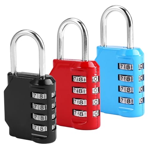 3 Piezas Candado de Combinación de 4 Dígitos, Candado Taquilla Gimnasio, Candados Combinacion, Impermeable, Reiniciable, para Taquillas, Gimnasio, Maleta Viaje, Gabinete, Puerta (Negro, Rojo, Azul)