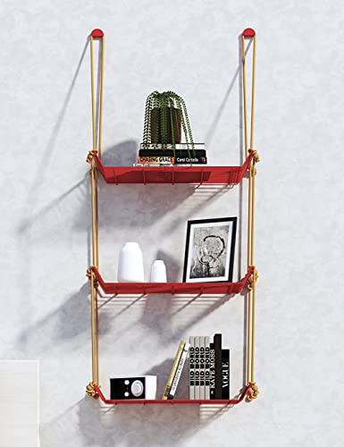 Image of Meshable Weebill 3-Tier Wall Hanging Metal Wall Shelf with Jute Rope, Home Decor Wall Shelves and Storage Racks with Elegant Design Ideal for for Balcony and Terrace, Standard Size - Red