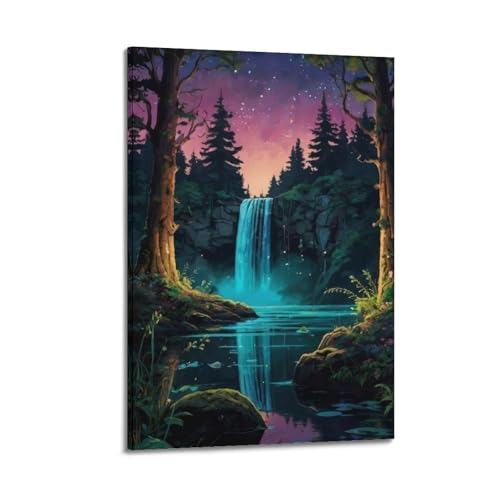 Poster cascade et forêt étoilée pour une chambre zen 50x75