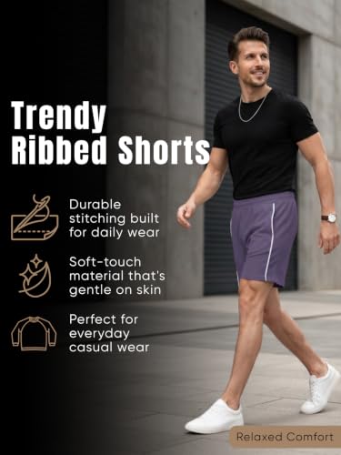Image of Leriya Fashion Men's Ribbed Shorts | Stylish Summer Bottoms | Trendy Streetwear Half Pant | Elastic Waist Printed Summer Outfit | Relaxed Fit Casual Short's with Pockets | Gym Boxer Shorts for Men