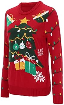 Enjyam Kersttrui voor dames, ronde hals, lange mouwen, gebreide trui met rendier, sneeuwvlokken, zacht, warm, Noorse trui voor de winter, Donkerblauw, M