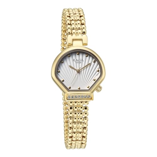 Image of Titan Raga Spotlight with Quartz Analog White Dial Gold Brass Strap Watch for Women - 95432YM01