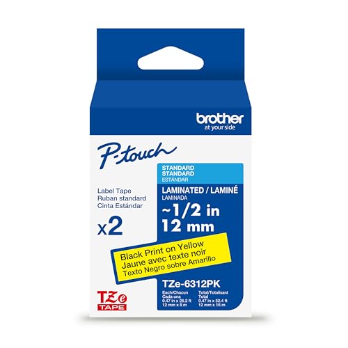 Brother Genuine P-Touch TZe-6312PK Tape (12mm) 2-Pack Laminated P-Touch Tape Black On Yellow Perfect for Indoor Or Outdoor Use Water Resistant 26.2 Ft. (8M)