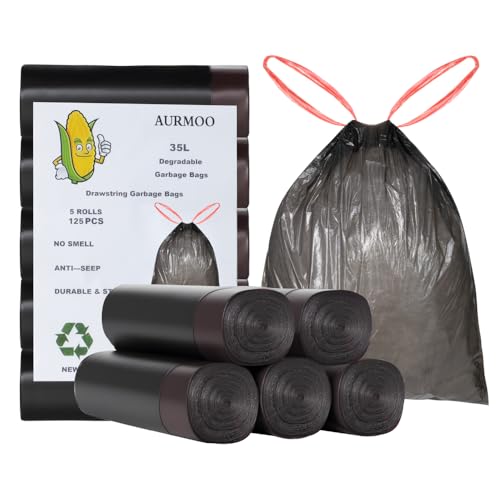 AURMOO Reißfest Müllbeutel 35L mit Zugband Abbaubar Müllbeutel 125 Stück Tropfsichere Mülltüten mit Zugband Reißfeste Müllsäcke mit Tragegriff B55XH65cm Schwarz